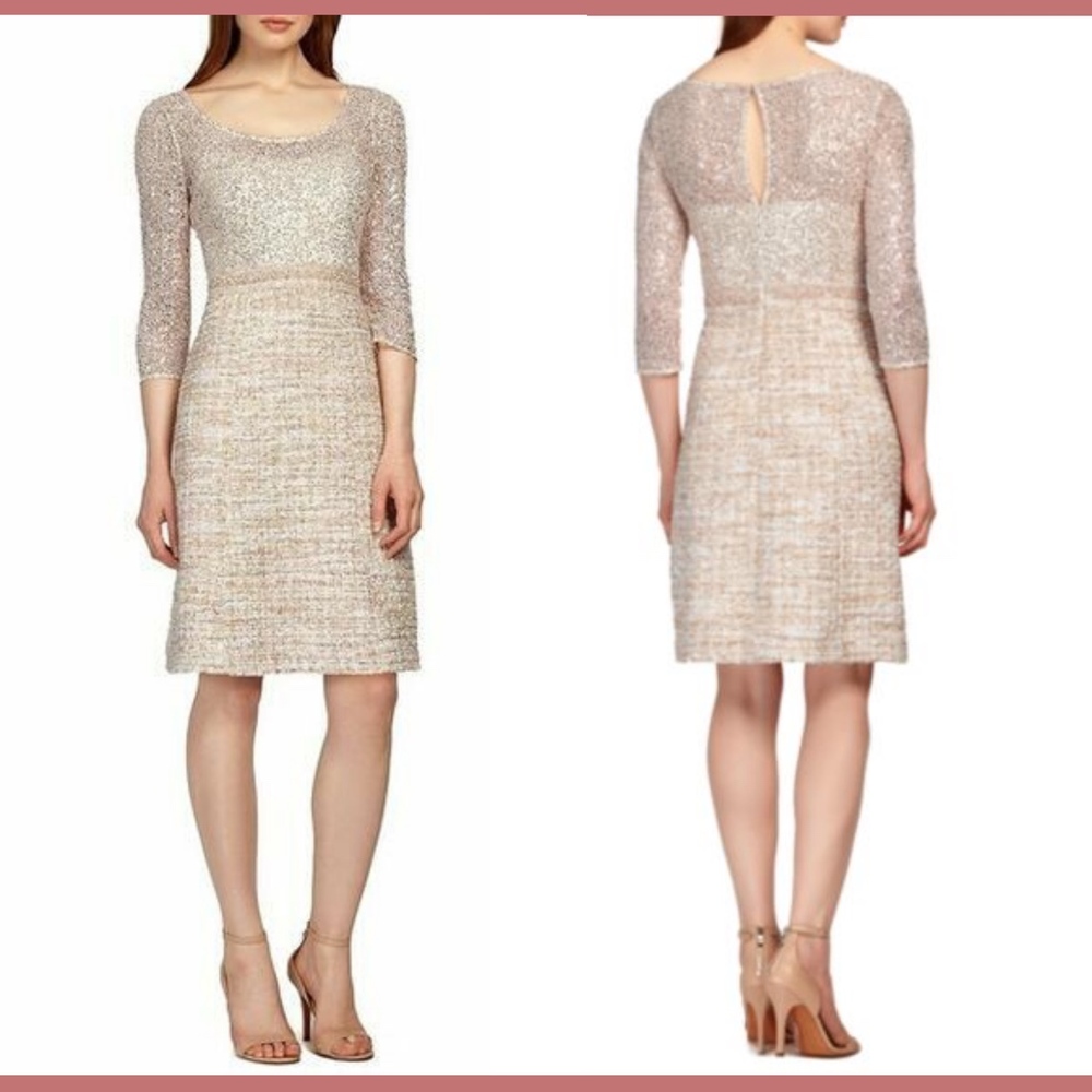NWT Kay Unger Embellished Lace & Tweed Dress Champagne/Gold [SZ‎ 12 ]